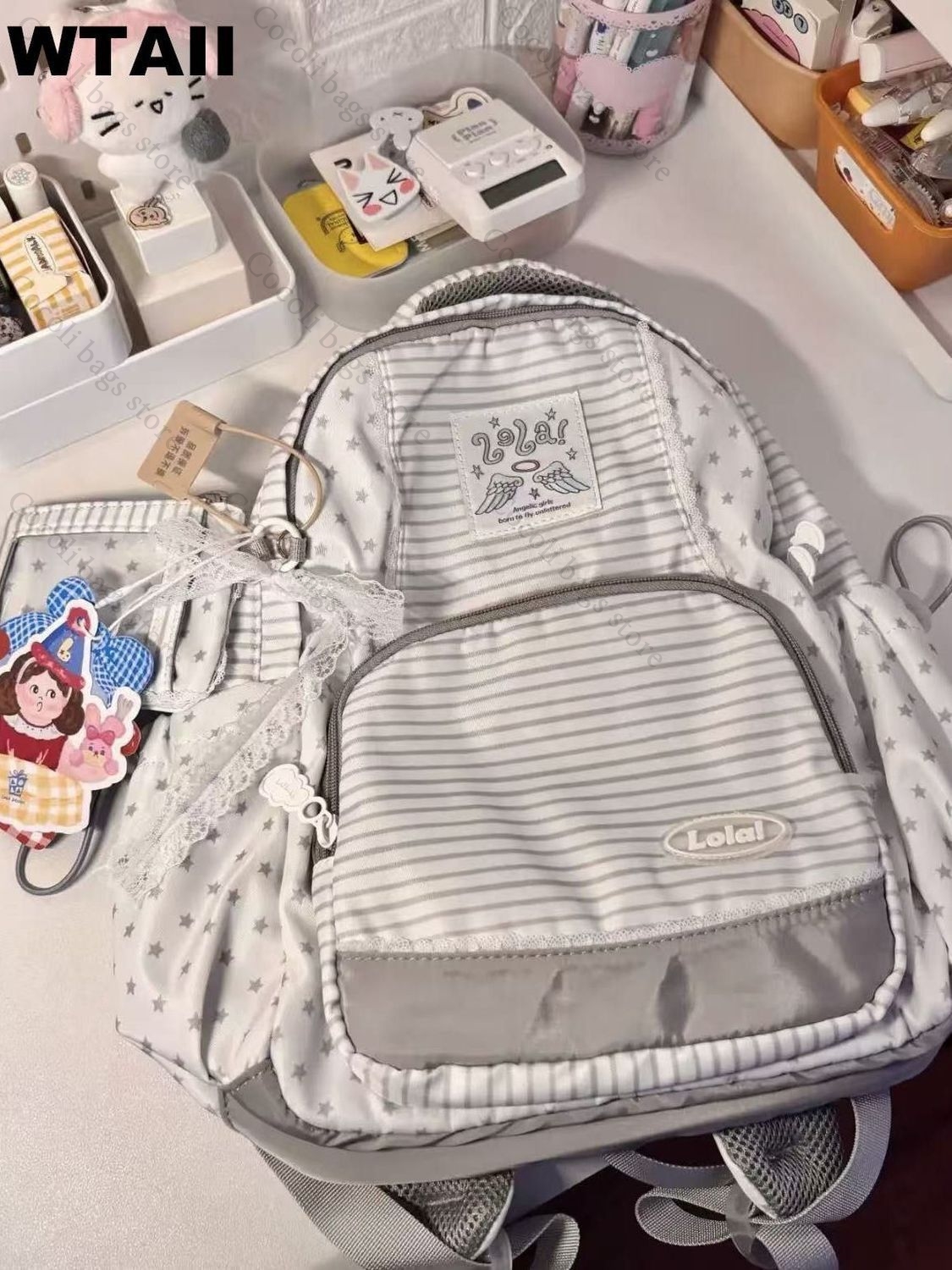 Canvas Backpack Casual - Plecak w paski z dekoracją w